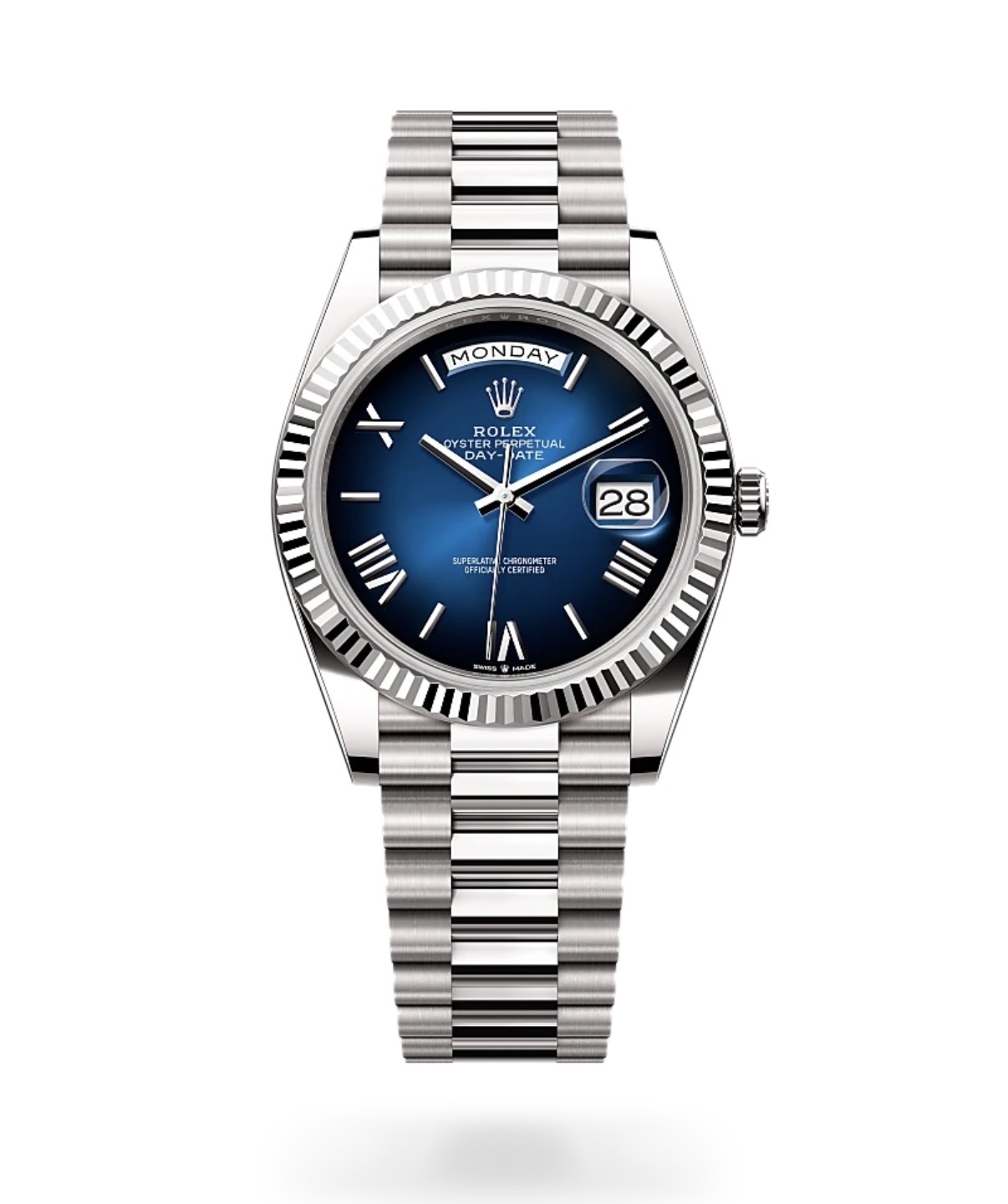 Rolex Day-Date 40 Or Blanc — Cadran Bleu, Chiffres Romains